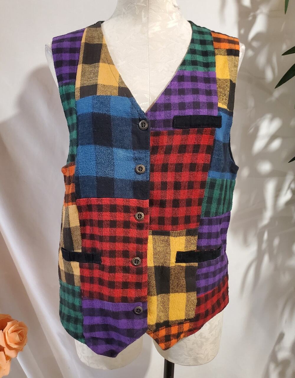 Vtg Accordeon 80s Plaid Patchwork Check Corduroy Button Vest Size M Artsy Punk